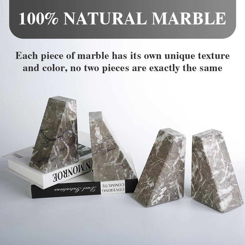 Koville Marble Bookends for Shelves, Large Bookends for Heavy Books, Natural Stone Book Stopper for Books CD Movies, Aesthetic Decorative Book Ends, Bookshelf Table Home Decor(Grey) - color: Trapezoid-grey