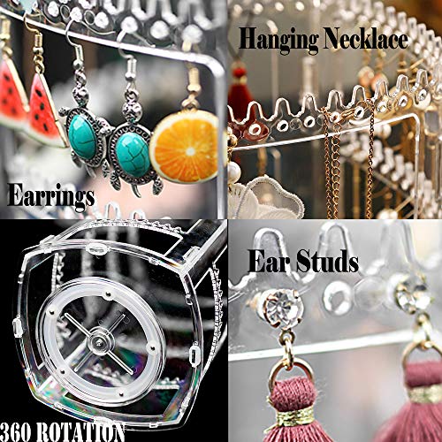 Sooyee 360 Rotating Earring Holder and Jewelry Organizer, 4 Tiers Jewelry Rack Display Classic Stand, 156 Holes and 160 Grooves for Necklaces Earrings Piercings, Clear - color: Clear