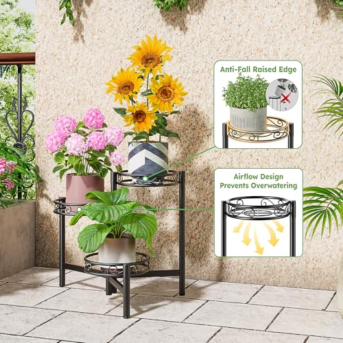 Metal Plant Stand Indoor Outdoor, 3 Tier Corner Tall Plant Shelf for Multiple Plants, Tiered Plant Stand, Heavy Duty Flower Plant Holder, Folding Tall Rack for Garden Patio Lawn Balcony - BlackWave - color: BlackWave, size: 3-Tiers