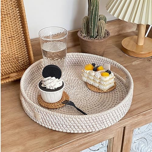 14" Round Rattan Tray, Hand Woven Serving Tray with Handles, Wicker Serving Basket, Decorative Tray for Home Decor, Whitewash - color: Whitewash, size: 14"