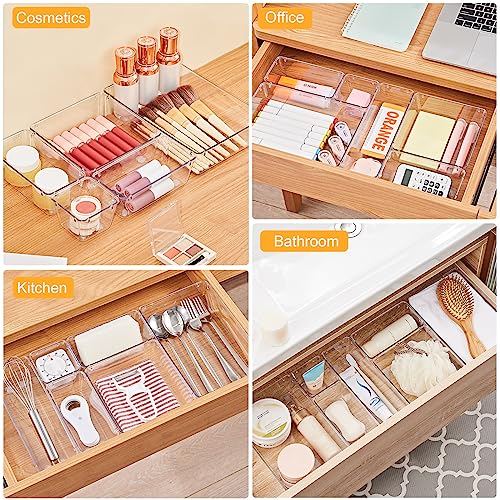 SMARTAKE 22-Piece Drawer Organizer with Non-Slip Silicone Pads, 5-Size Clear Desk Drawer Organizer Trays Storage Tray for Makeup, Jewelries, Utensils in Bedroom Dresser, Office and Kitchen, Clear - size: 22 PCS