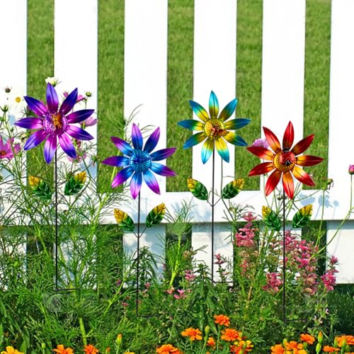 4 Packs Wind Spinner Outdoor, Pinwheels for Yard and Garden, Metal Flower Decorative Garden Stakes for Lawn Patio Porch Decor - size: Flowers-4Pack
