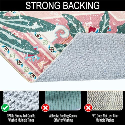 Oriental Tropical Kitchen Runner Rug 2x5 Washable, Thin Stain Resistant Pink Boho Bathroom Runner Rug for Hallway Entryway Bedroom Laundry, Vintage Abstract Hippie Botanical Long Carpet - color: Pink, size: 2' x 5'