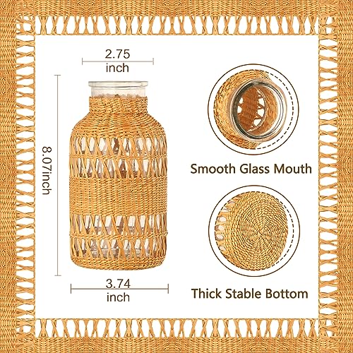 ZENS Wicker Boho Vase Set of 2, Glass Flower Vase with Hand Woven Rattan Cover for Pampas Grass, Artistic Boho Country Vases for Fall Flower Decor, Home Table Centerpiece, Farmhouse Decorative - size: 2