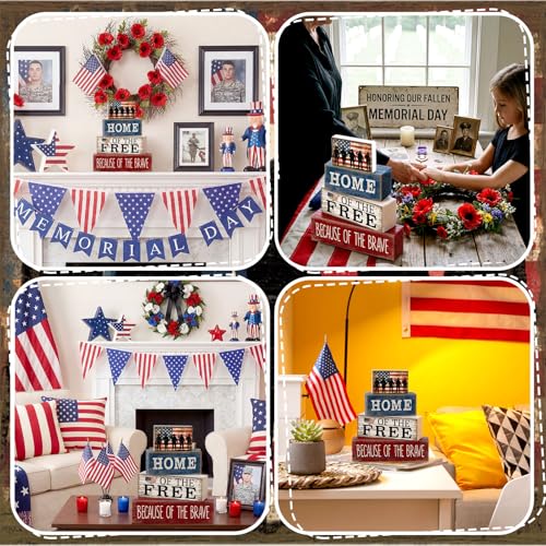 4 Pcs Patriotic Memorial Day Decorations 4th of July Tabletop Decorations Red White Blue Table Centerpieces Fourth of July Wooden Sign for Office Tiered Tray Home Shelf 250th Anniversary - style: Memorial Day