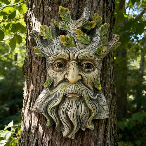 Teaeeno Whimsical Tree Face Garden Decoration, 9.8 in Tree Faces Decor Outdoor Wallmounted Statue Art with Leaf Features, Outdoor Decor Garden Accessory (Nature and Outdoors) - color: Gold