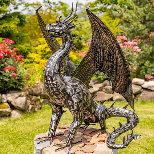 Zaer Ltd. Metal Dragon Garden Statue, Freestanding Outdoor Sculpture, Hand-Painted Metallic Finish (40" Tall Spike) - size: 40" Tall "Spike"