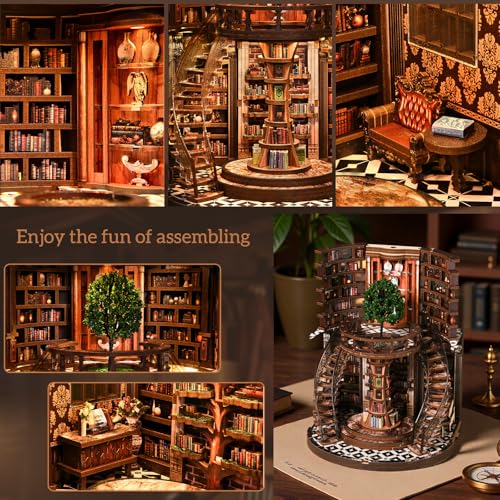 Book Nook Kit for Adults & Teens – DIY Miniature House Library, Wisdom Ring Library 3D Wooden Puzzle Bookend Bookshelf Insert with LED Light, Dollhouse Craft Kit for Decor & Gifts