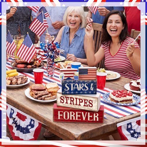 CroBlissful 5 Pcs 4th of July Decorations Patriotic Memorial Day Tabletop Decoration Forever Red White Blue Table Centerpieces Sign for Office Tiered Tray Home Shelf 250th Anniversary - style: Forever