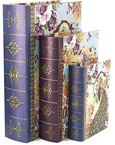Bellaa Decorative Book Box Antiques Vintage Retro Invisible Secret Storage Faux Leather Wood Magnetic Set of 3 (Peacock) - style: Peacock