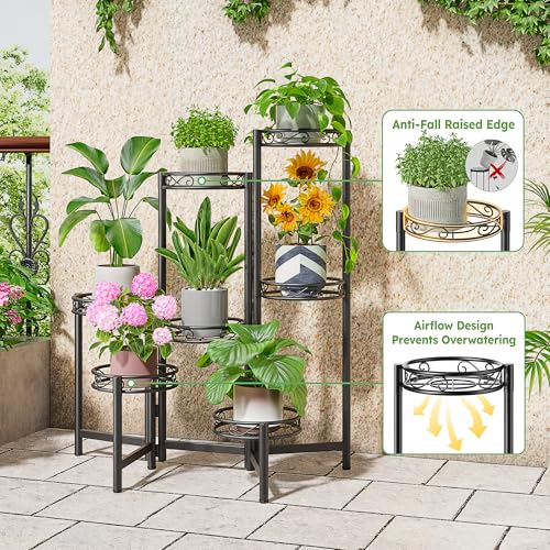 7 Tier Large Metal Plant Stand Indoor Outdoor with 7.9 Inch Wide Tray, Tiered Corner Plant Stand, Flower Display Holder Shelf, Folding Tall Rack for Patio Porch Balcony Living Room Garden - BlackWave - color: BlackWave, size: 7-Tiers