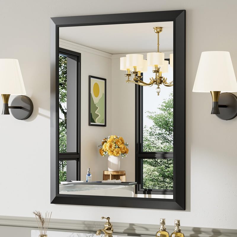 Briivue 28x36 Inch Black Bathroom Mirror for Wall, Thick Metal Framed Rectangle Mirrors for Over Sink, Bedroom, Living Room, Entryway, Anti-Rust, HD Tempered Glass - color: Black, size: 28"L x 36"W