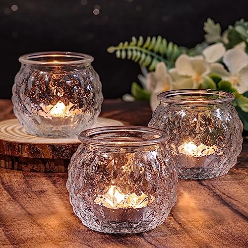 DARJEN Clear Votive Candle Holders Set of 24- Round Glass Candle Holders Bulk for Tea Light Candle, Diamond Texture Candle Votives for Wedding Centerpiece, Living Room & Home Table Decor - color: Clear