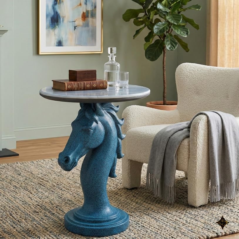 Luxury Horse Statue Round Side Table - 24" Faux Marble Top End Table, Luxury Resin Animal Sculpture Pedestal, Unique Artistic Accent Table for Living Room, Bedroom & Office, Navy Blue - color: Blue Horse