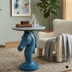 Luxury Horse Statue Round Side Table - 24" Faux Marble Top End Table, Luxury Resin Animal Sculpture Pedestal, Unique Artistic Accent Table for Living Room, Bedroom & Office, Navy Blue - color: Blue Horse