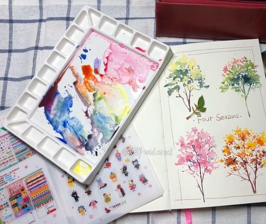 Bower Bird Ceramic Watercolor Palette 18well Rectangle Artist Professional Paint Palette for Acrylic,Gouache Painting Ceramic Mixing Tray (Porcelain) (7.8x5.7in(with Box)) - size: 7.8x5.7in(with box)