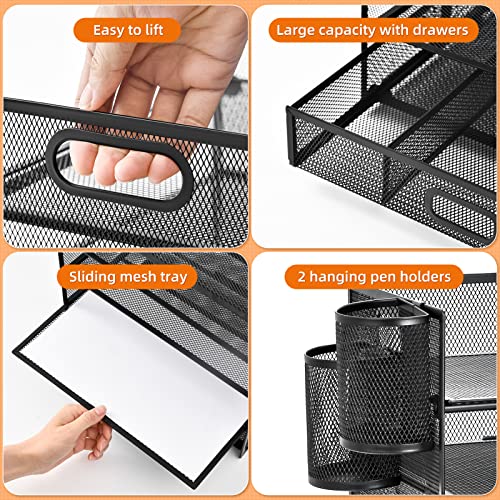 Lavatino 5 Tier Paper Organizer for Desk, Letter Tray with Drawer and 2 Pen Holders, Mesh File Sorter, Desktop Document Shelf Storage Organization Office School Home Black with Drawer - color: 5 Tier - Black