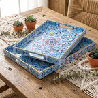 Hiceeden Set of 2 Boho Floral Serving Tray with Handles, 15.7" x 11.8" Decorative Plastic Ottoman Tray, Modern Large Coffee Table Server for Living Room, Bathroom, Kitchen, Rectangle, Blue
