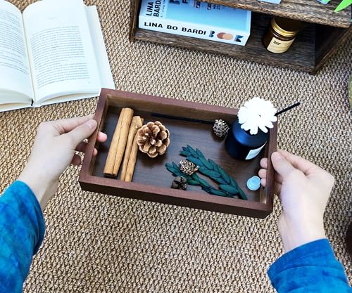 Small Rustic Serving Tray with Handles - 9.8 Inch Bamboo Rectangular Tray for Coffee Table, Kitchen Counter, Ottoman | Decorative Organizer Tray for Food, Drinks, Snacks, Bathroom Essentials - size: 9.8" x 5.5" x 1.6"