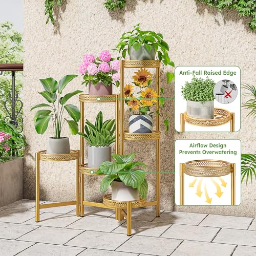 7 Tiered Metal Corner Plant Stand Indoor Outdoor, Tall Large Folding Rack with Rust Proof 10 Inch Wide Tray, Heavy Duty Flower Shelf for Multiple Plants for Patio - GoldWave - color: GoldWave, size: 7-Tiers