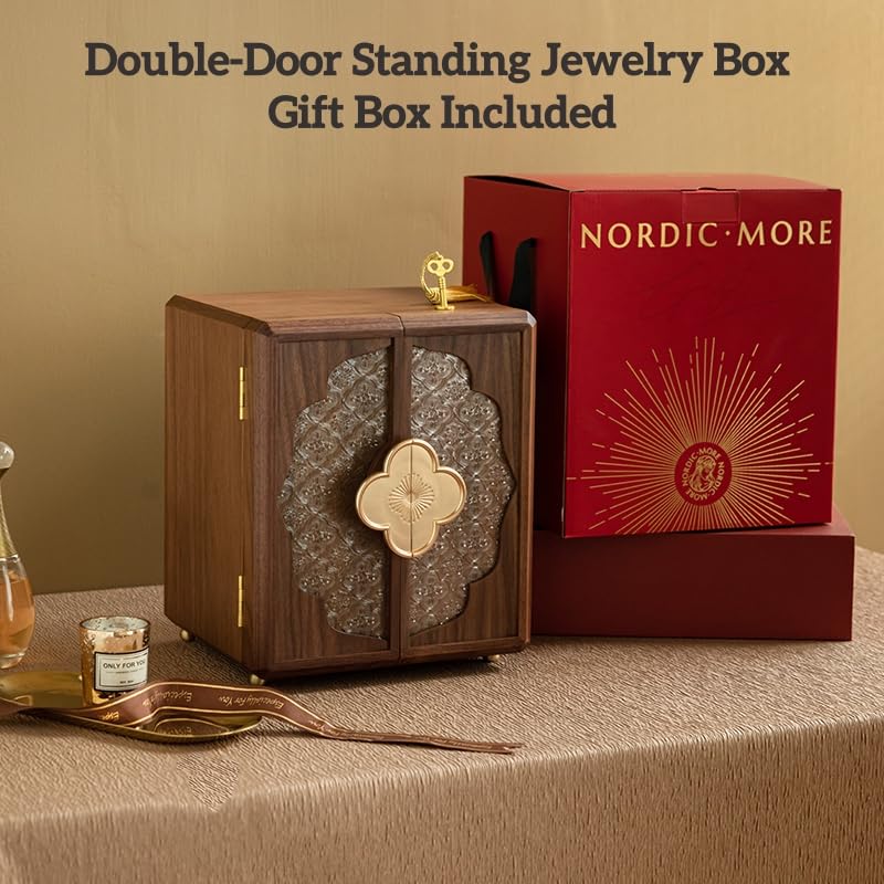 KINTNESS Wooden Jewelry Box With Key, 5 Layers Lockable Large Jewelry Organizer for Women Girls, Walnut Texture for Bracelet, Necklace, Ring, Valentines Gift for Women - style: Four-Leaf Clover Handle Design