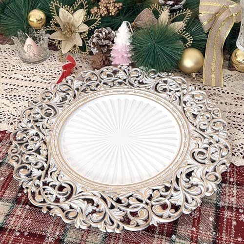 13inch Round Plastic Charger Plates,Set of 8,Charger Plates for Dinner,Wedding,Party,Event Decoration. (White gold edge) … - color: White gold edge