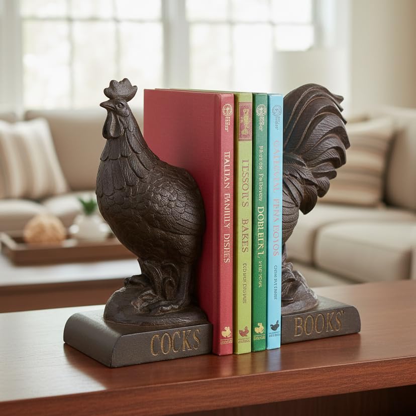 Comfy Hour 10" Bronze Rooster Antique Vintage Figurine Style Bookends, Rustic Farmhouse Animal Statue Home Decor, Heavy Duty Book Stoppers Pair