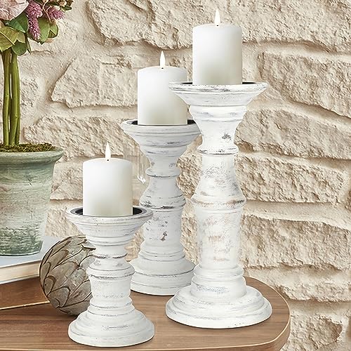 Candle Holder Stand Wooden, Pillar Candle Holders, Unity Candle Holders, Rounded Turned Colums, Country Style Ideal for Gift, Wedding, Christmas, Party, Spa - 10,8,6 Inch- Set of 3 - Antique White - color: Antique White, size: 10,8,6 Inch Set of 3 - Mid C