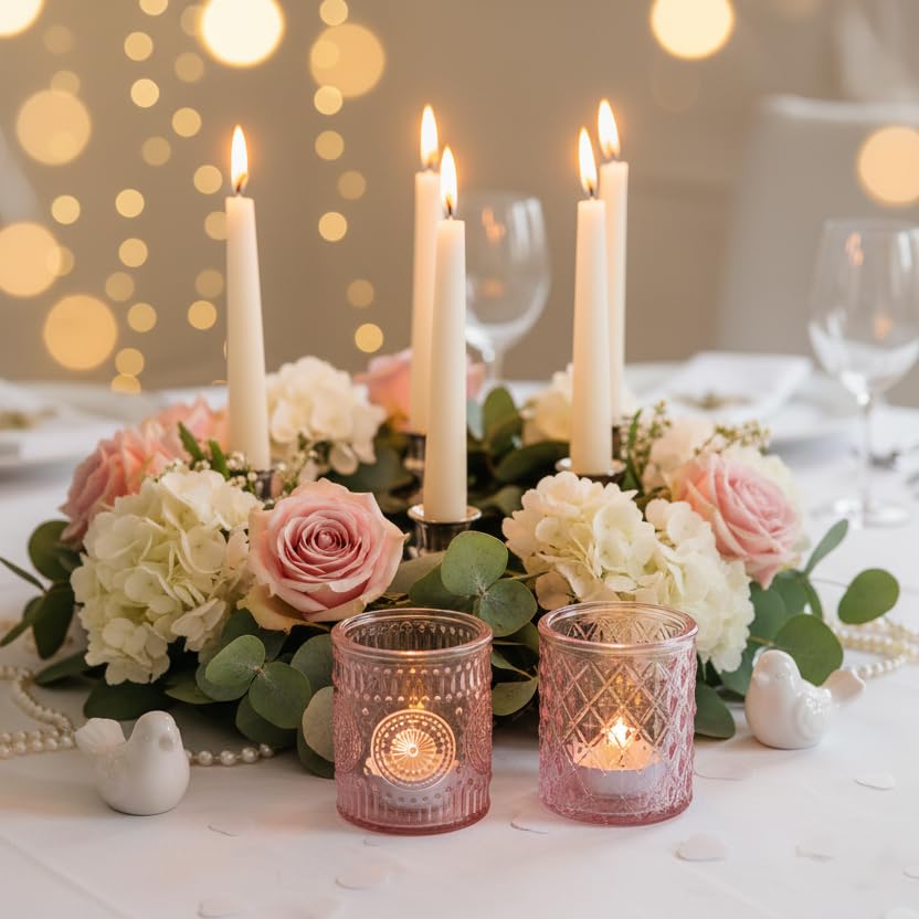 LETINE Set of 16 Pink Votive Candle Holders, Glass Tea Light Candle Holder with 4 Retro & Floral Patterns, Decorative Candle Holders for Parties, Spring Summer Wedding Table Centerpieces & Home Decor - color: Pink