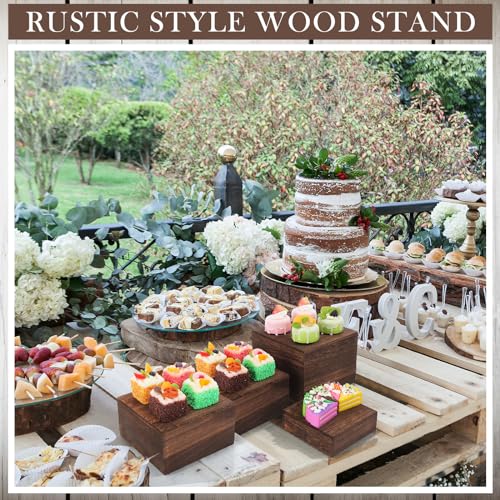 Barydat 6 Pcs Wood Display Risers Rustic Cupcake Stand Food Risers for Buffet Table Wooden Stackable Display Stand Box for Catering Dessert Collectibles Jewelry Figures Show(Burnt Wood Color)