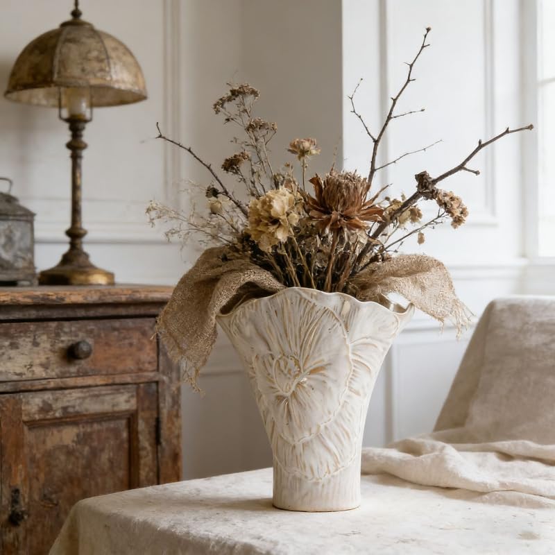 Handmade Vintage Ceramic Vase with Open Hand Drawn Beige Flower Pattern and Innovative Floral Design