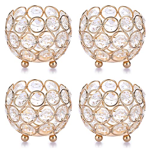 OwnMy Set of 4 Crystal Bowl Tealight Holders Small Round Votive Candle Holders, Gold Crystal Tea Light Candle Lanterns Candle Stands for Dining Table Centerpieces Wedding Decors - color: Gold