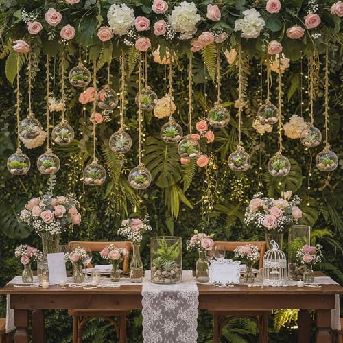 GlikCeil 13 Pcs 3.15'' Hanging Glass Candle Holder with Burlap Leaf Ribbon, Glass Orbs Air Plants Tea Light Candle Holders, Globe Plant Terrariums for Decor Indoor Outdoor Garden DIY (Clear) - color: Clear
