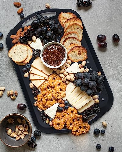 Large Nonslip Serving Tray with Handles, Silicone Grippy Dots Lap Food Trays for Eating, Dishwasher Safe Serve for Breakfast Dinner Snack Fruit Appetizers Beverage, Rectangular, Set of 2, Black - color: Black