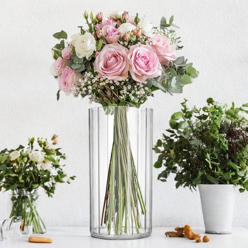 Flower Vase Acrylic Cylinder,9.84" Tall Ribbed Clear Vase for Centerpieces,Wedding Decorative,Home Décor, Non Breakable Plastic, 3.94"X9.84" Tall Round - Clear - size: 3.94“x9.84"