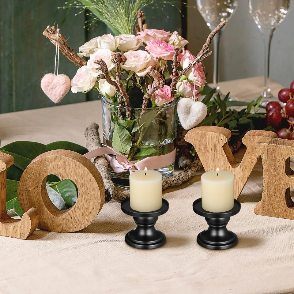 Luxshiny 2Pcs Black Pillar Candle Holders Metal Pillar Candle Stands Decorative Candlestick Holders for Fireplace Table Centerpiece Home Wedding Party Decor, 3.14 X 2.75 X 2.55 Inch