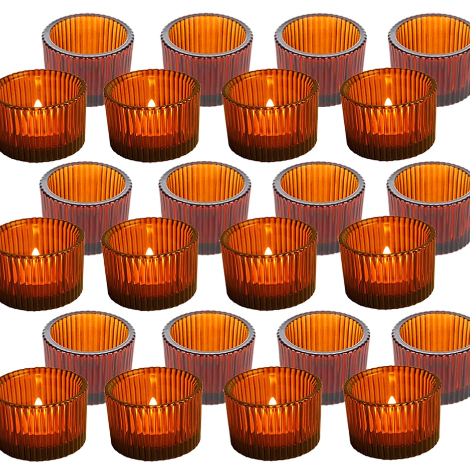 Clear Tealight Candle Holder Set of 24,Glass Votive Candle Holders, Decorative Round Ribbed Candle Holders for Home Decor (Brown) - color: Brown