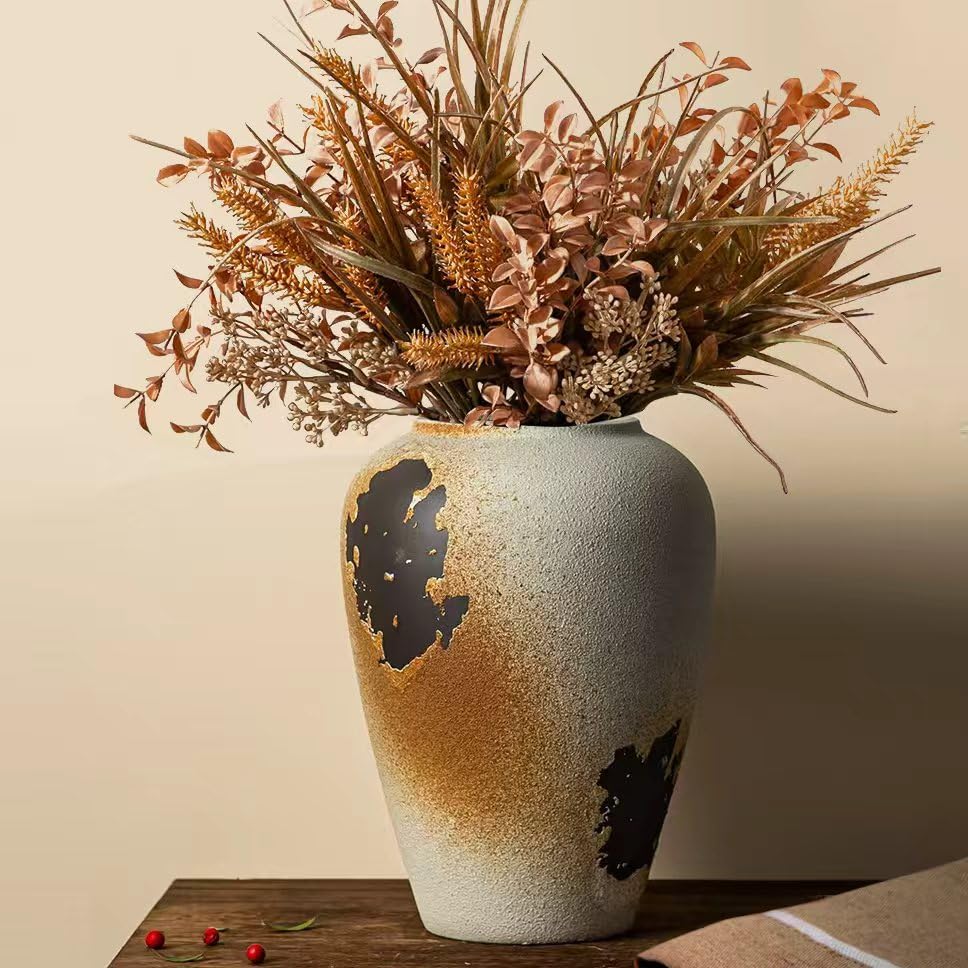 Vintage Rustic Iron Glaze Ceramic Vase, Large 11" Handcrafted Farmhouse Flower Vase – Statement Piece for Living Room, Dining Table, Fireplace, Office