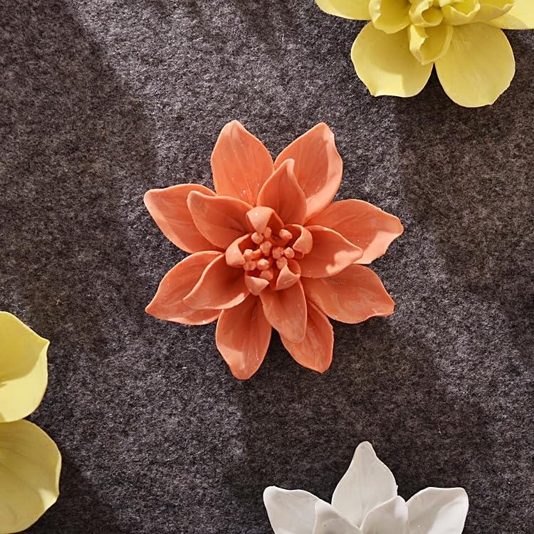 Magnolia,2.76" Ceramic Flower Wall Art, Artificial 3D Flower Wall Art, Handmade 3D Wall Art Hanging Sculpture, Porcelain Flower Wall Decoration for Home Office Decor (Orange) - color: Orange,Magnolia,2.76"