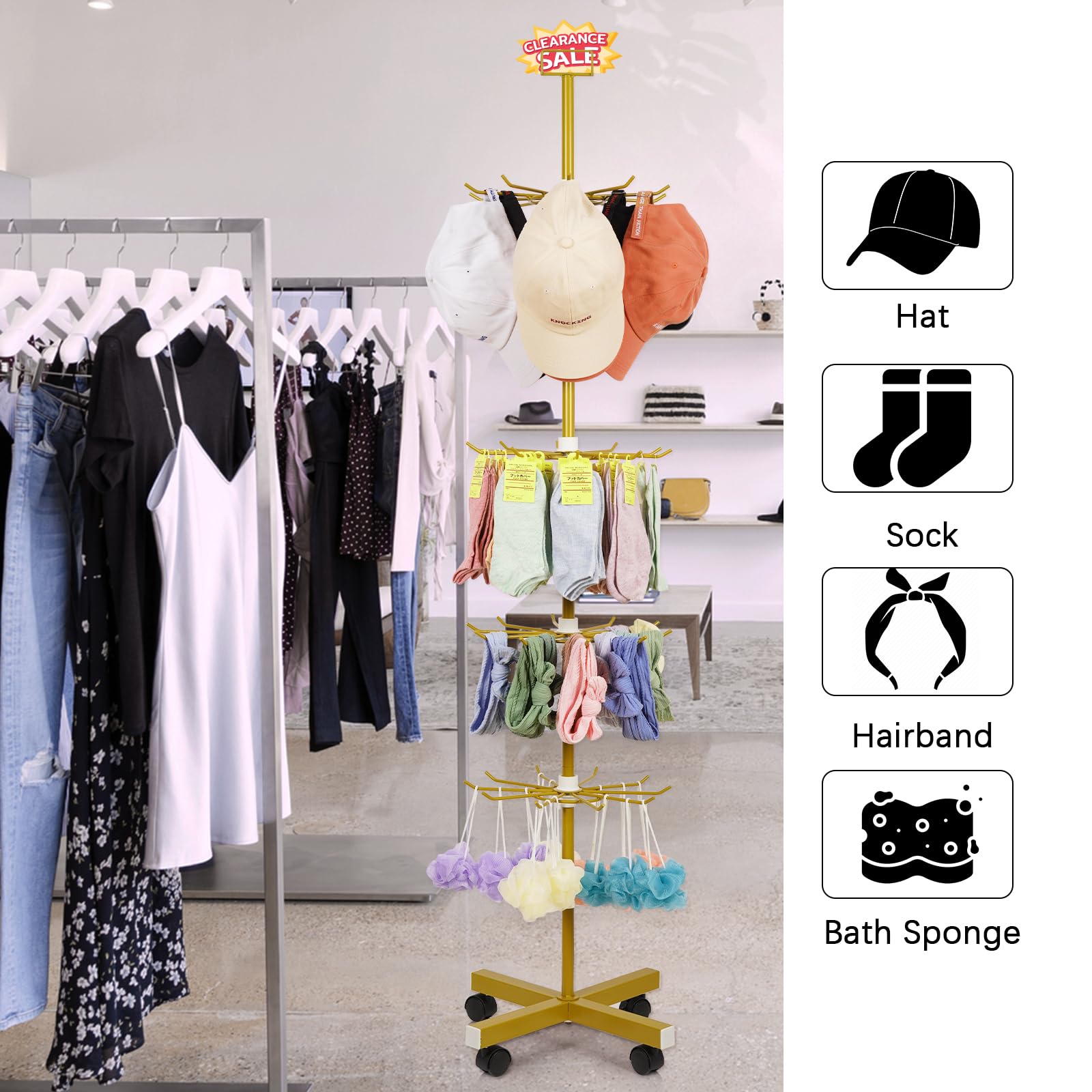 Retail Display Stand 5 Tier Metal Spinning Display Rack with Wheels Keychain Jewelry Stocking Hat Display Stand with Hooks for Malls, Showroom, Retail Store (Gold) - color: Gold