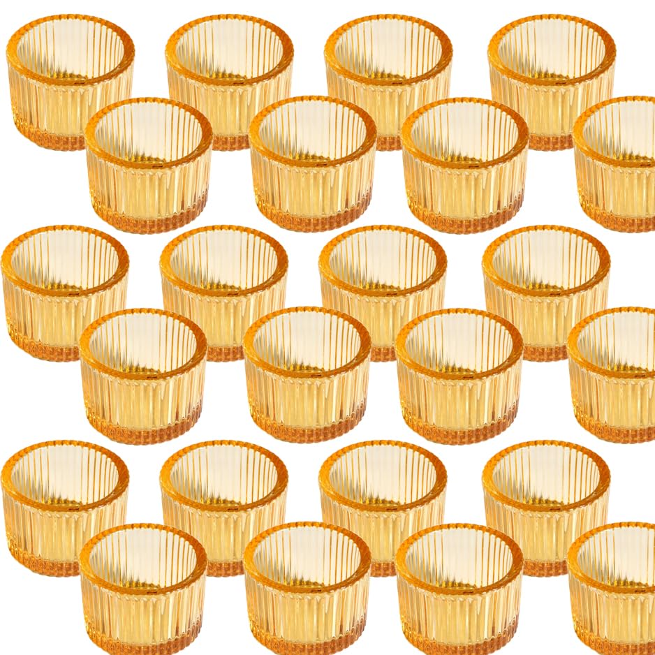 Clear Tealight Candle Holder Set of 24,Glass Votive Candle Holders, Decorative Round Ribbed Candle Holders for Home Decor (Champagne) - color: Champagne